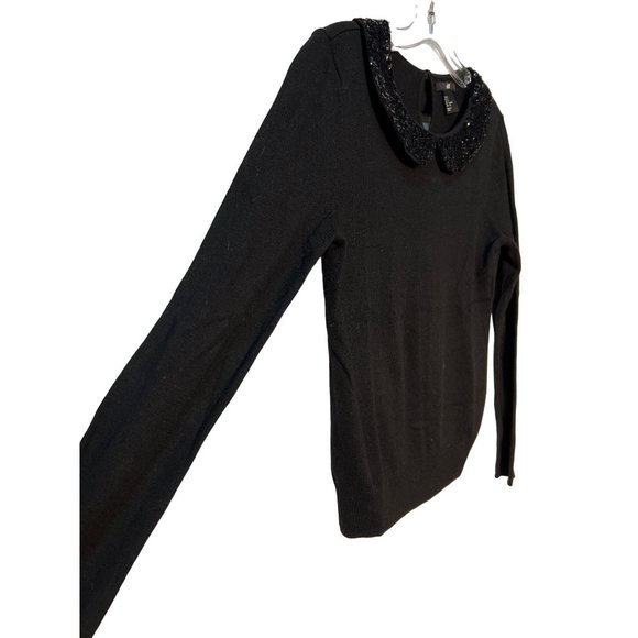 H&M Black Top Sweater Sequined Sparkling Peter Pan Collar Blouse - Picture 4 of 8